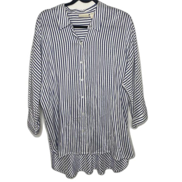 CHICO'S Tunic Button Down Striped Rayon Oversized 3/4 Sleeve XL Womens 2 Blue - Picture 1 of 7